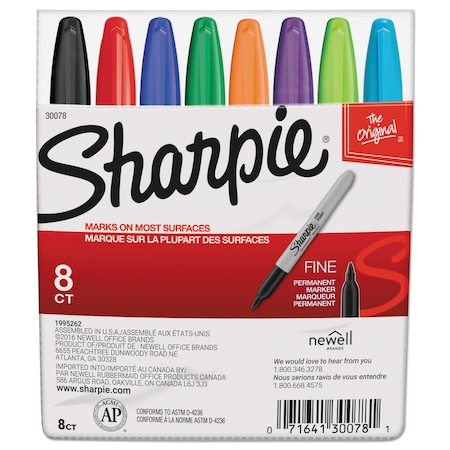 Sharpie Fine Tip Permanent Marker, Fine Bullet Tip, Assorted Colors, PK8 30078